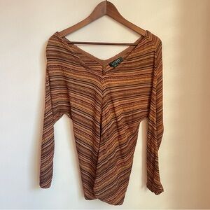 LAUREN RALPH LAUREN Striped Off The Shoulder Sweater Silk Linen Boho 90s Size M